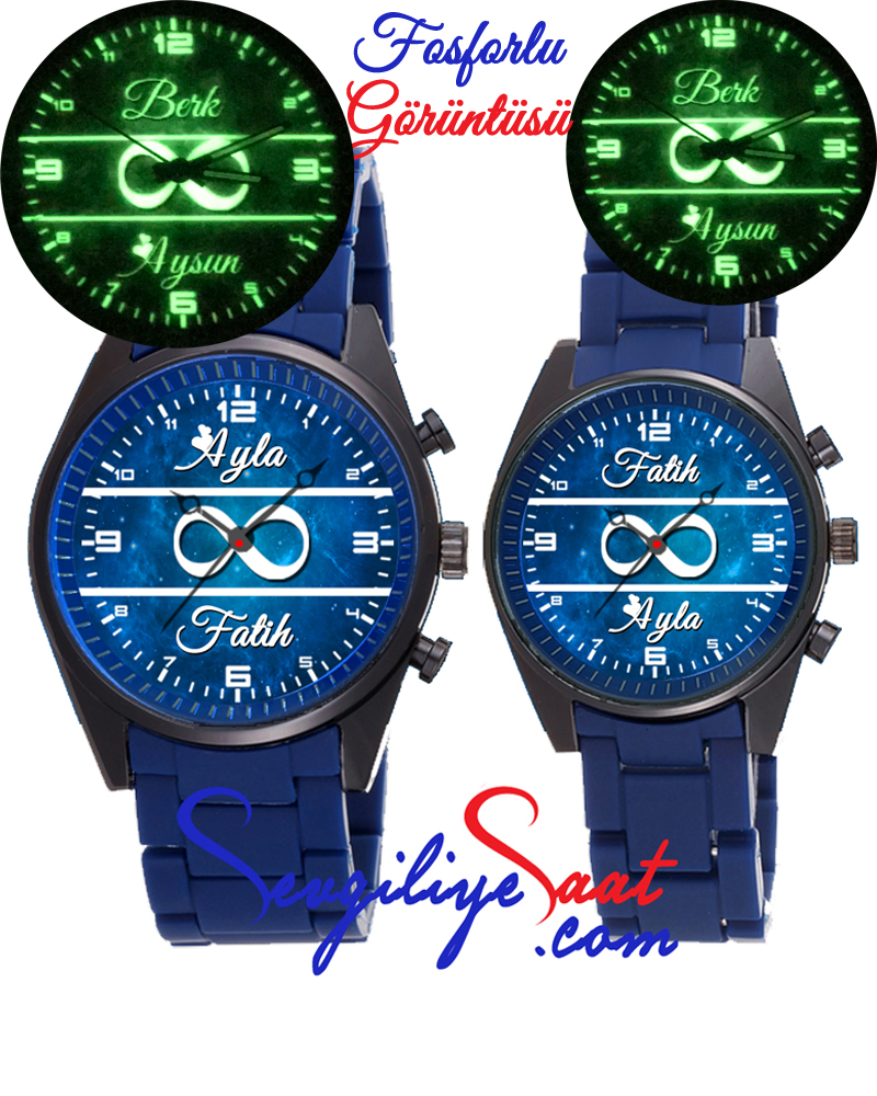 Mavi Silikon Kordon FOSFORLU Çift Saati