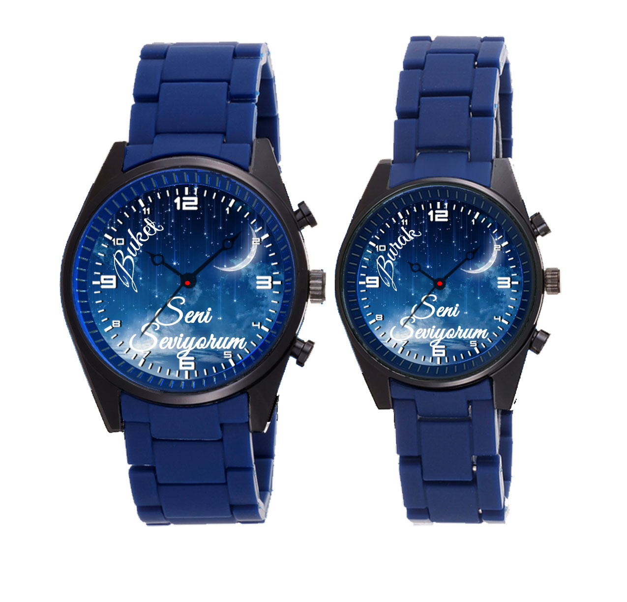 Mavi Silikon Kordon FOSFORLU Çift Saati