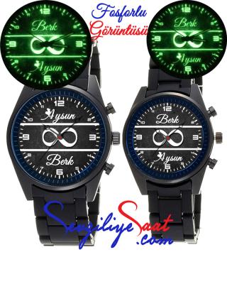 Siyah Silikon Kordon FOSFORLU Çift Saati