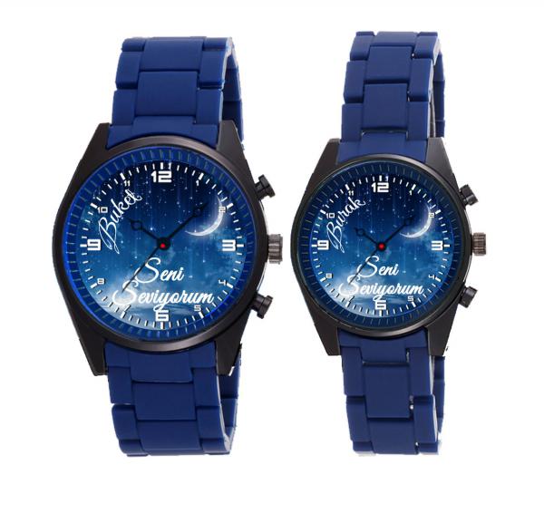 Mavi Silikon Kordon FOSFORLU Çift Saati